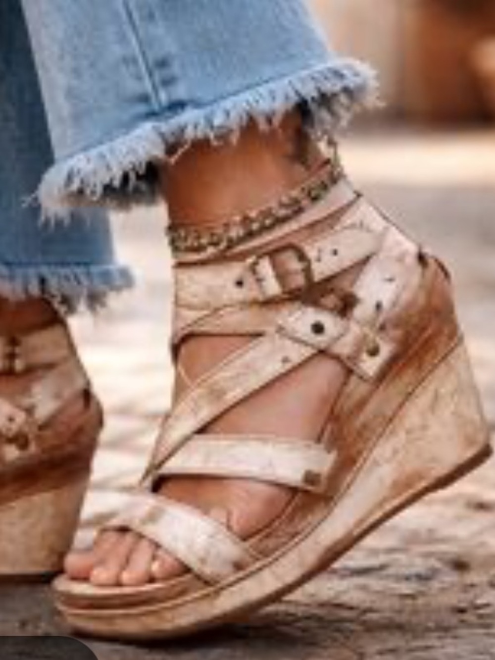 Bed Stu Neutral Beige Women's Wedge Sandals with Strappy Buckle Size 7.5